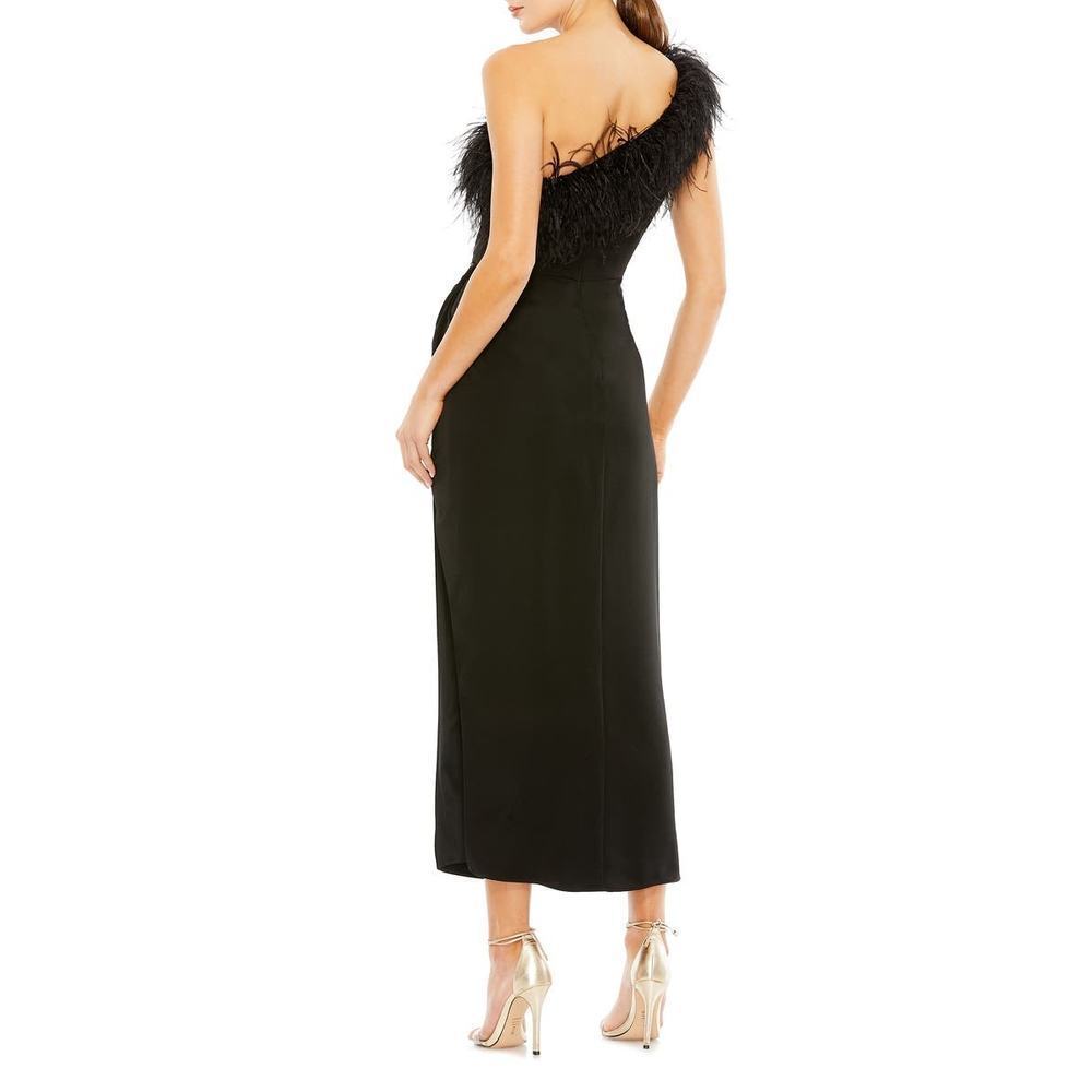 Mac Duggal Women's Black Feather Trim One Shoulder Draped Dress Size 4 NWT